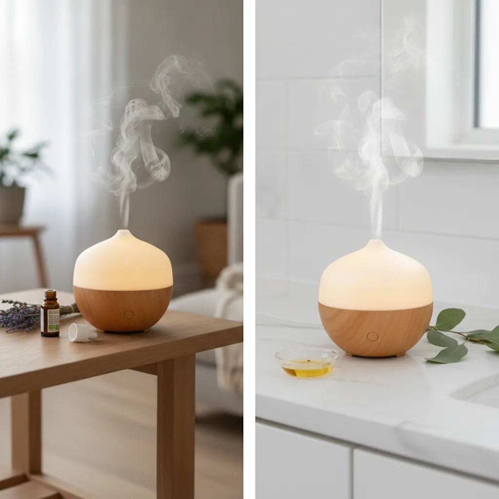 Diffuseur d'huiles essentielles lumineux design bois et blanc