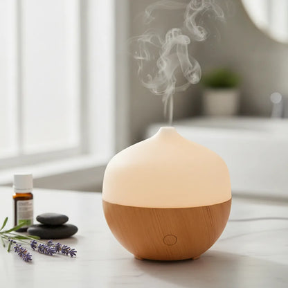 Diffuseur d'huiles essentielles lumineux design bois et blanc