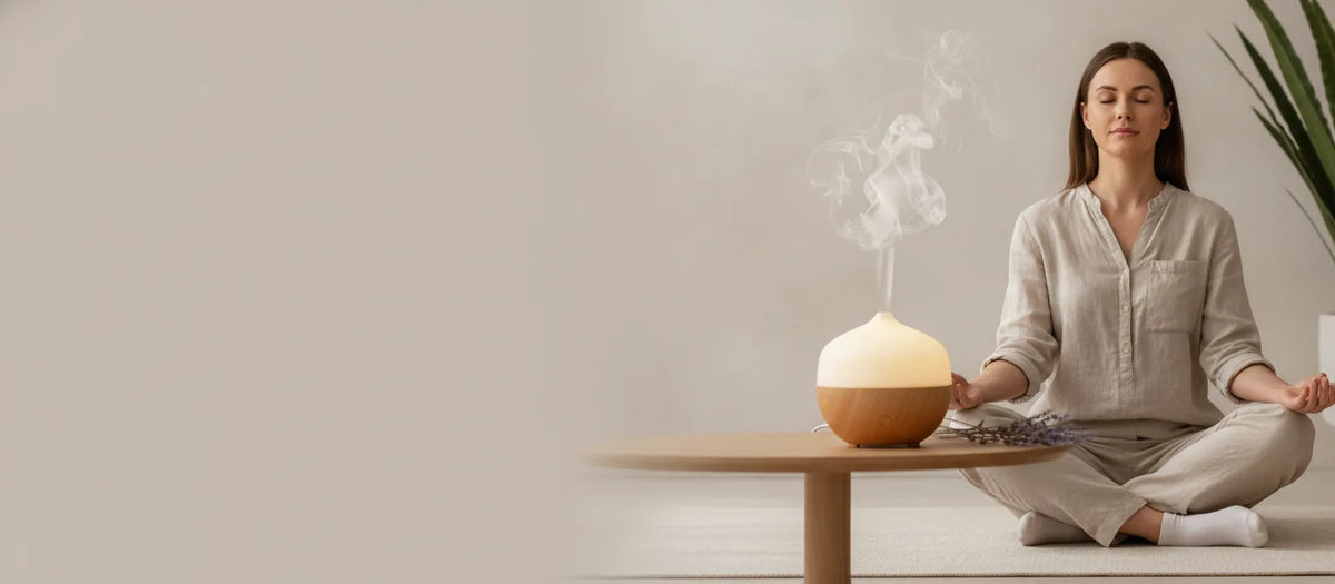 Diffuseur d'huiles essentielles lumineux design bois et blanc