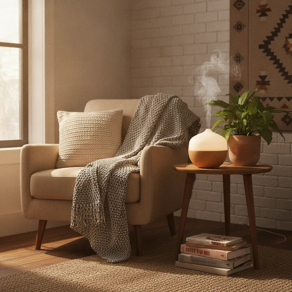 Diffuseur d'huiles essentielles lumineux design bois et blanc