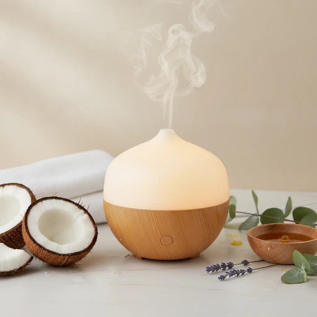 Diffuseur d'huiles essentielles lumineux design bois et blanc