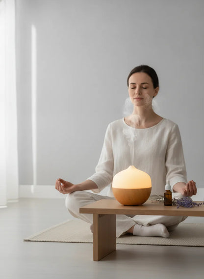 Diffuseur d'huiles essentielles lumineux design bois et blanc