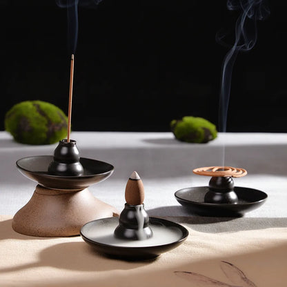 Brûleur d'encens cascade en céramique noire